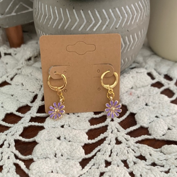 *3 for $20* Purple and Gold Enamel Flower Huggie Hoop Earrings - Picture 2 of 5